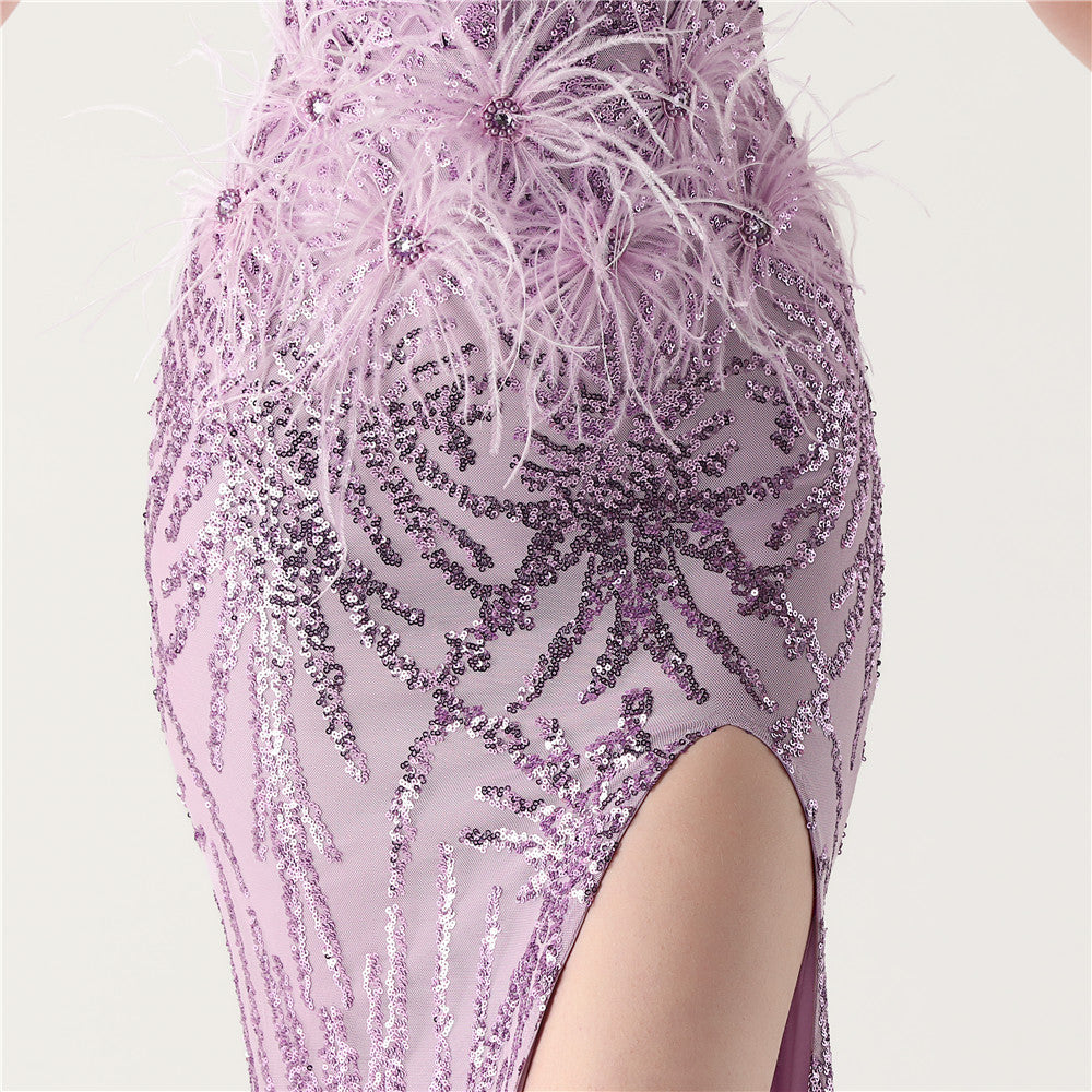 Feather Embellished Evening Gown with Side Slit