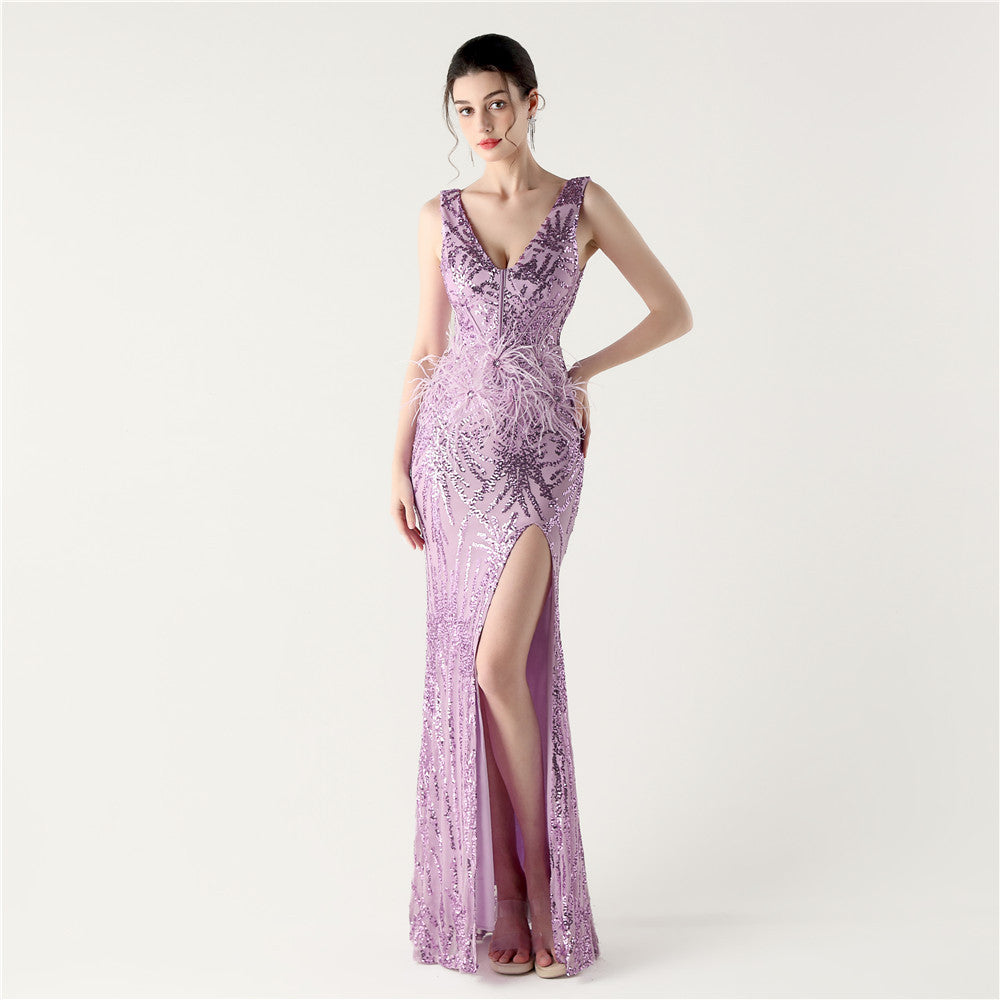 Feather Embellished Evening Gown with Side Slit