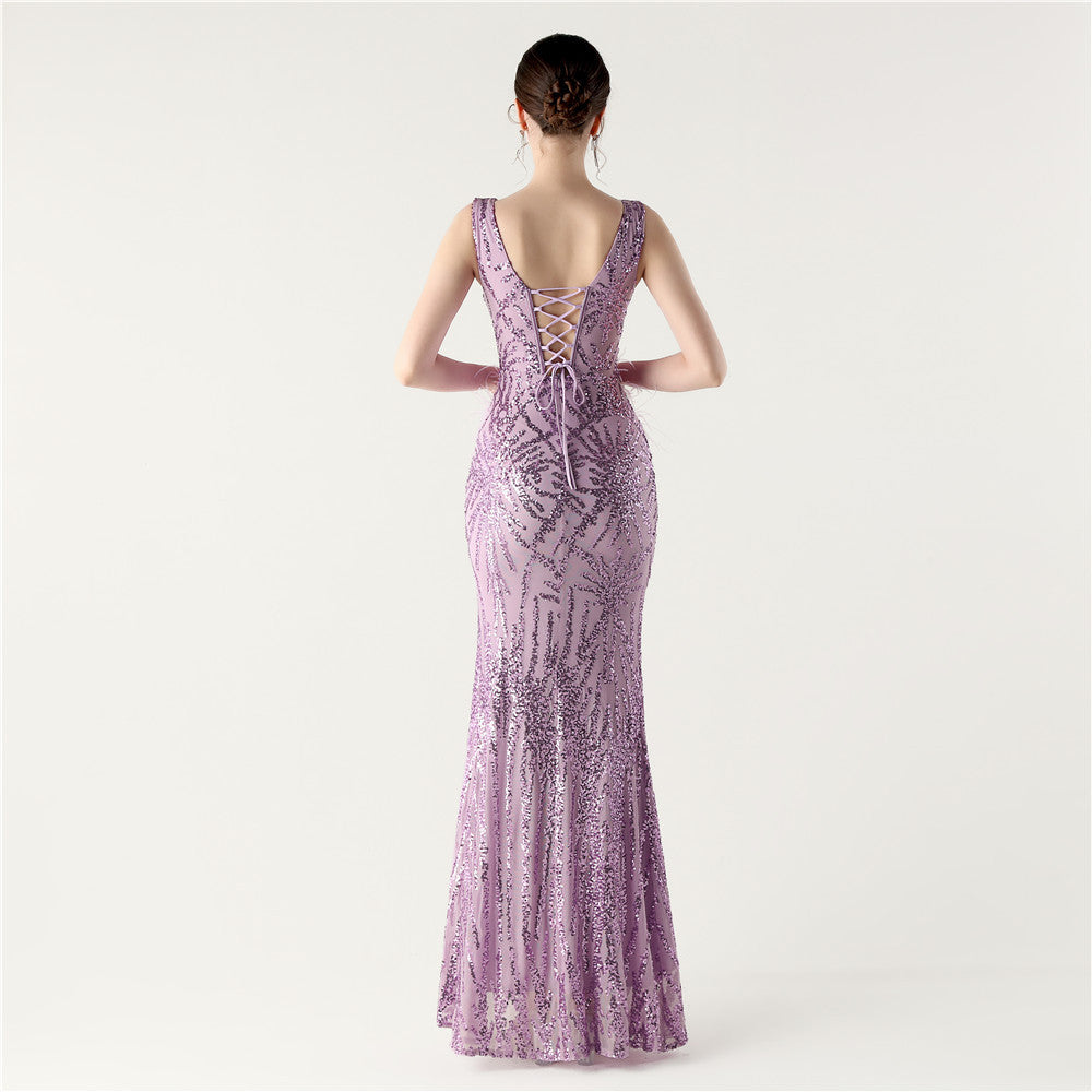 Feather Embellished Evening Gown with Side Slit