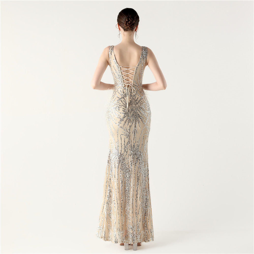 Feather Embellished Evening Gown with Side Slit