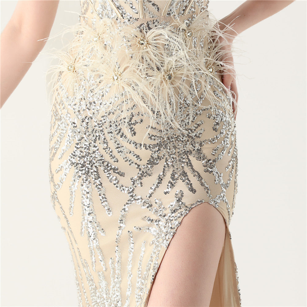 Feather Embellished Evening Gown with Side Slit