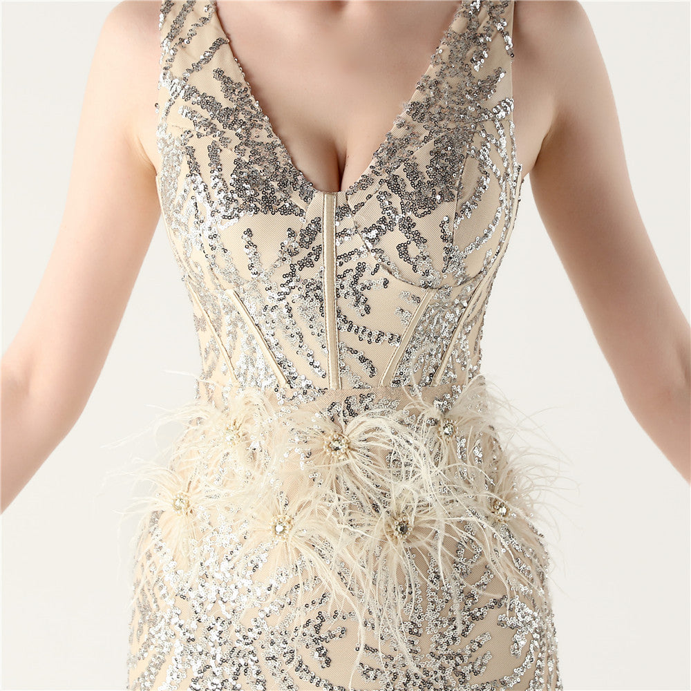 Feather Embellished Evening Gown with Side Slit