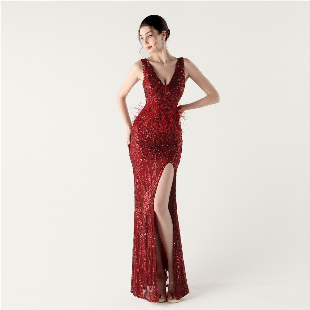 Feather Embellished Evening Gown with Side Slit