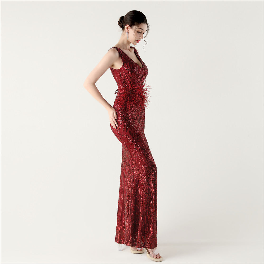 Feather Embellished Evening Gown with Side Slit