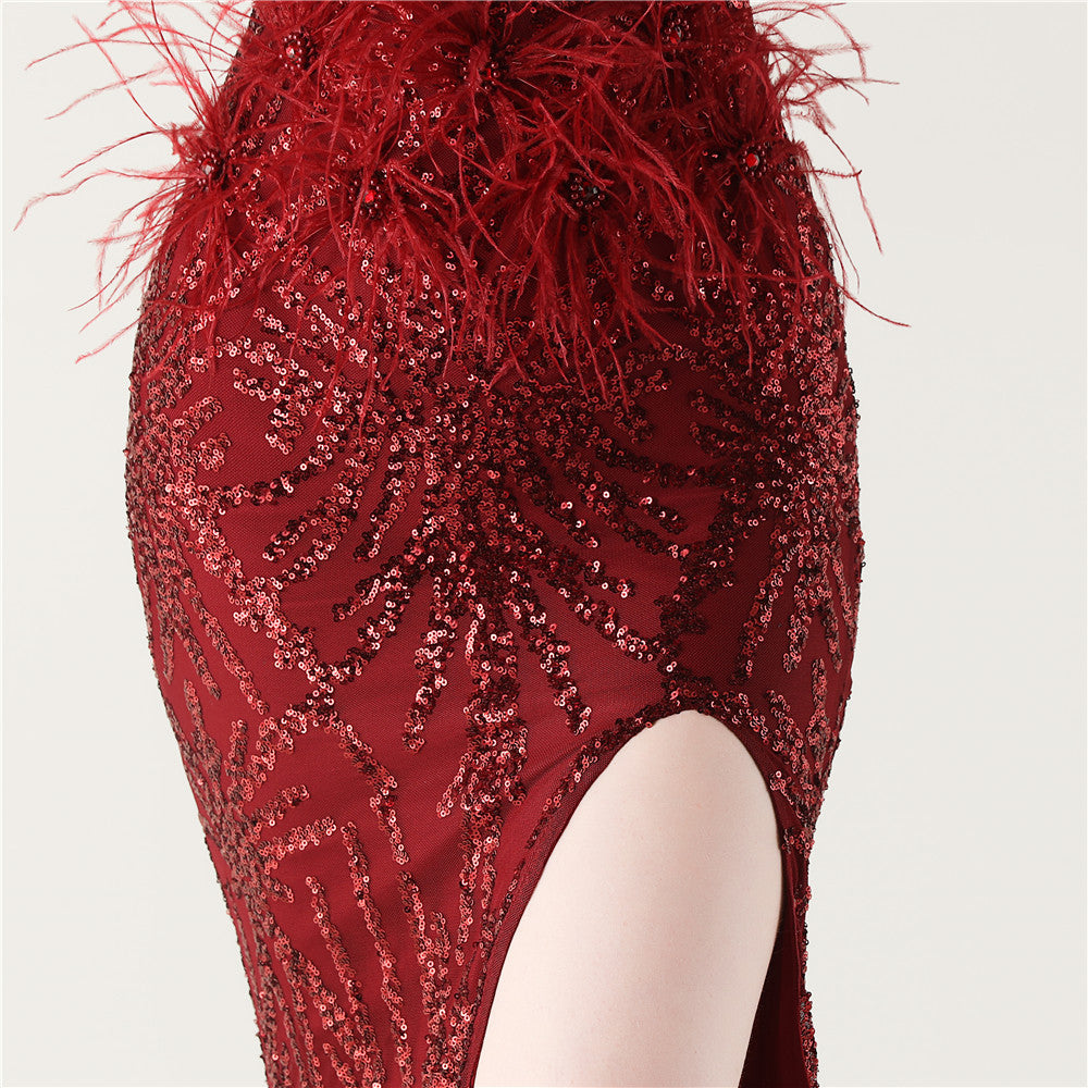 Feather Embellished Evening Gown with Side Slit