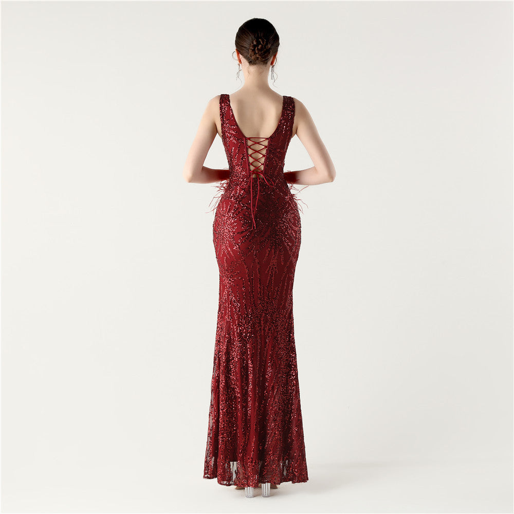 Feather Embellished Evening Gown with Side Slit