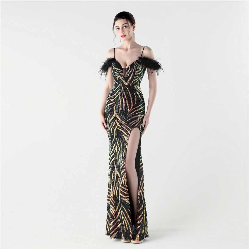 Feathered Sequin Evening Gown with High Slit