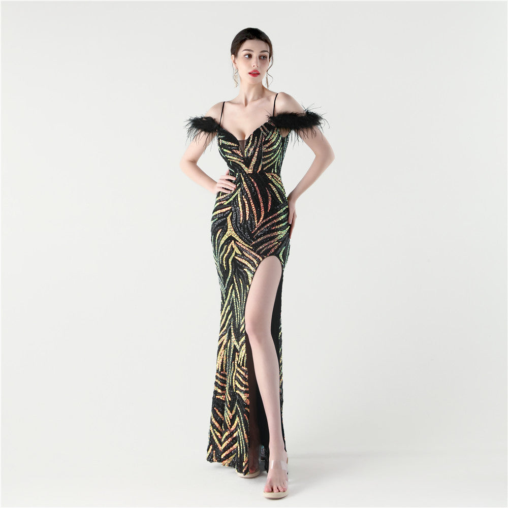 Feathered Sequin Evening Gown with High Slit