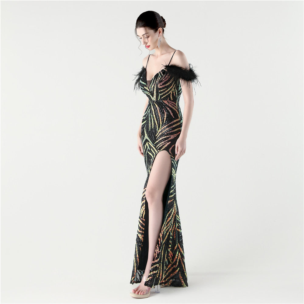 Feathered Sequin Evening Gown with High Slit