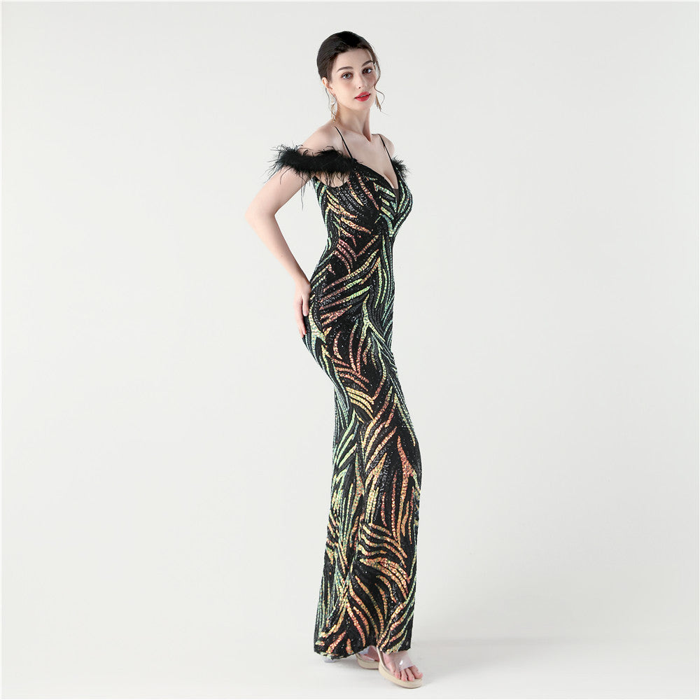 Feathered Sequin Evening Gown with High Slit