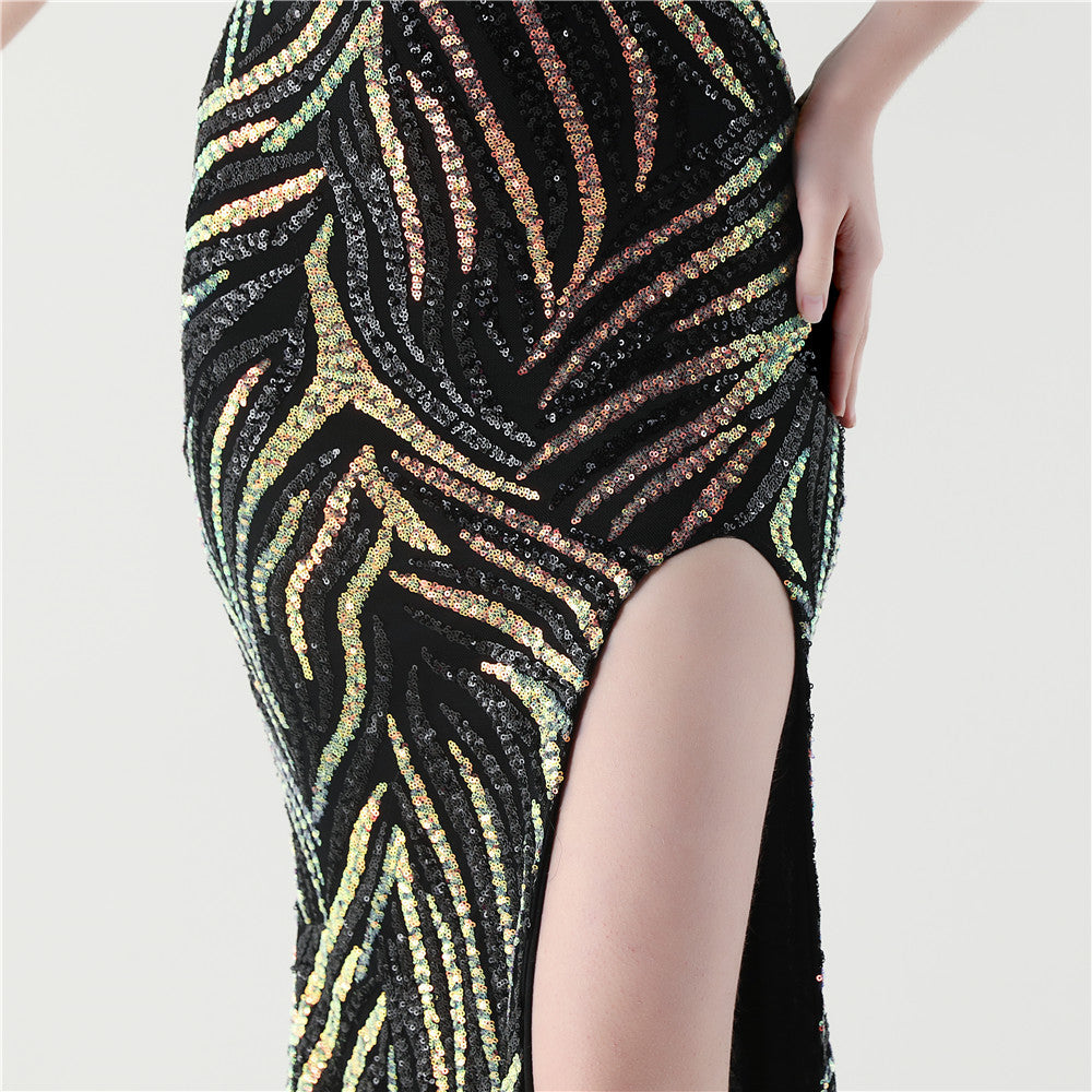 Feathered Sequin Evening Gown with High Slit