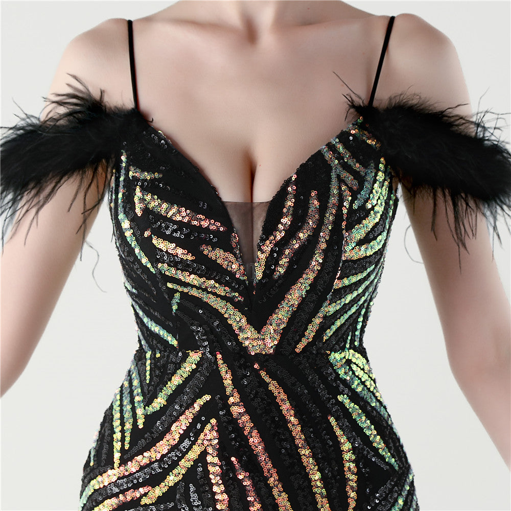 Feathered Sequin Evening Gown with High Slit