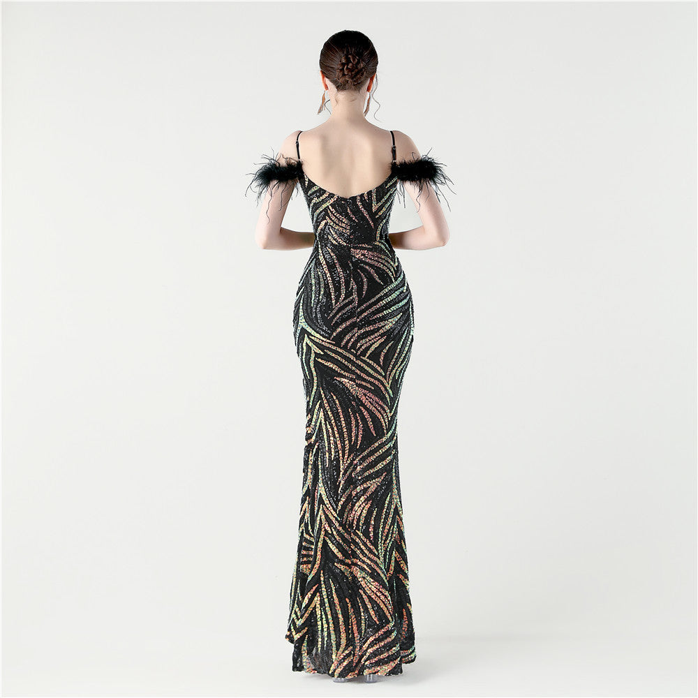 Feathered Sequin Evening Gown with High Slit