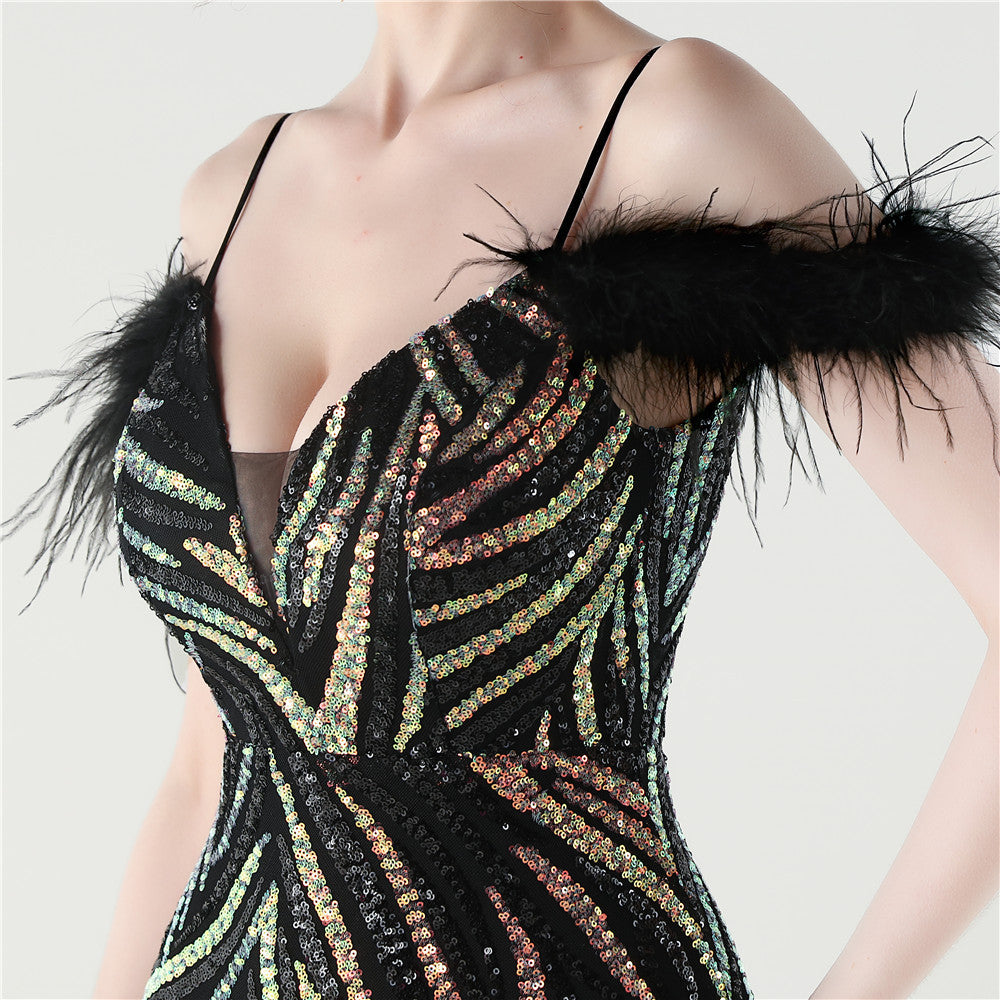 Feathered Sequin Evening Gown with High Slit