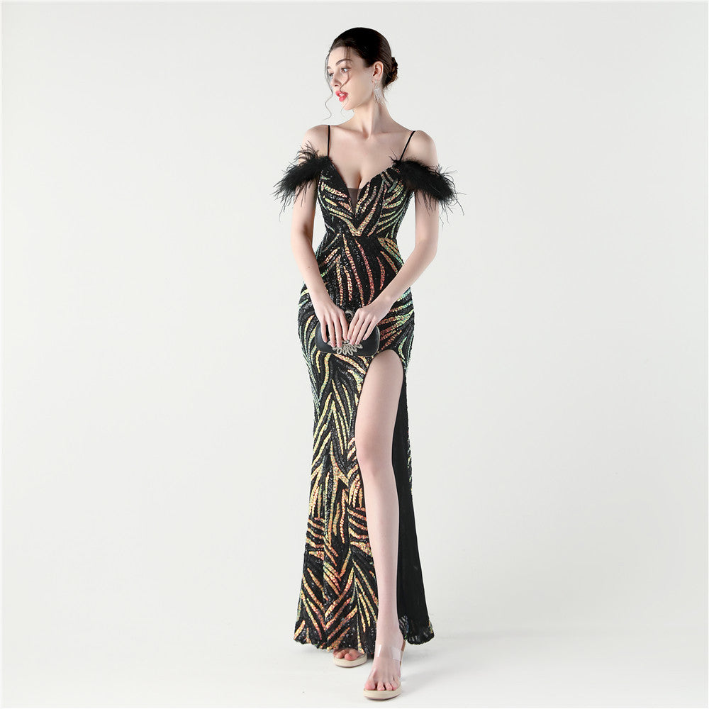 Feathered Sequin Evening Gown with High Slit