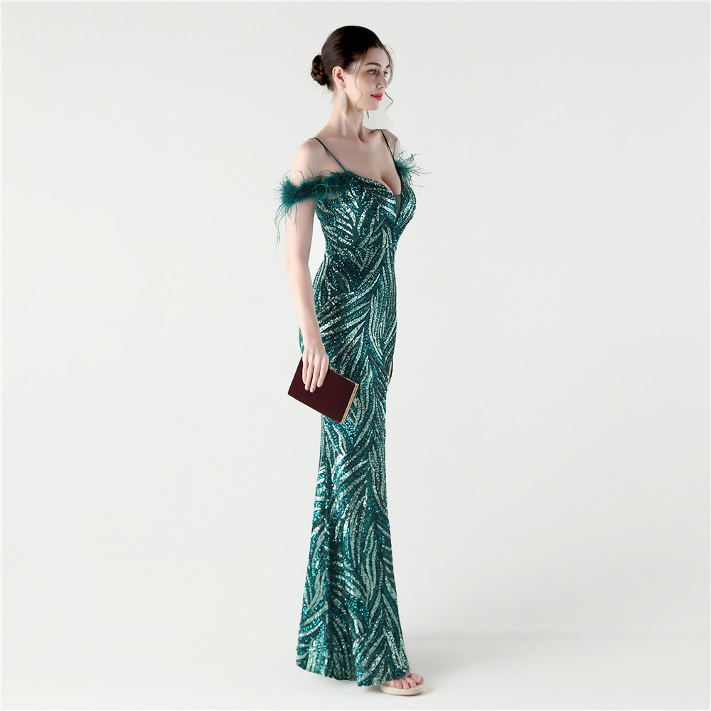 Feathered Sequin Evening Gown with High Slit