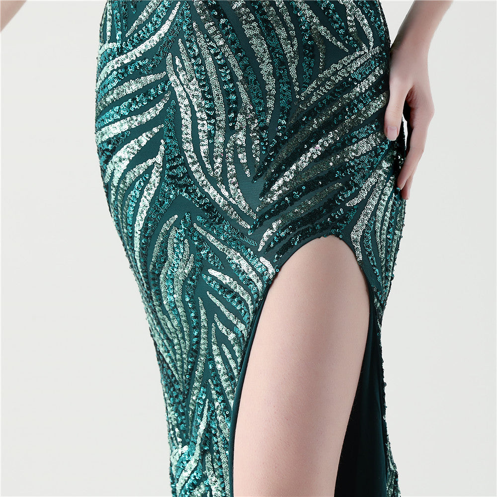 Feathered Sequin Evening Gown with High Slit