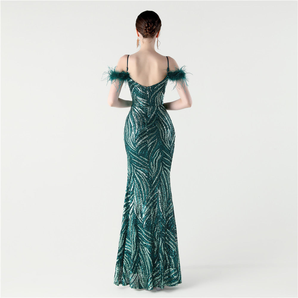 Feathered Sequin Evening Gown with High Slit