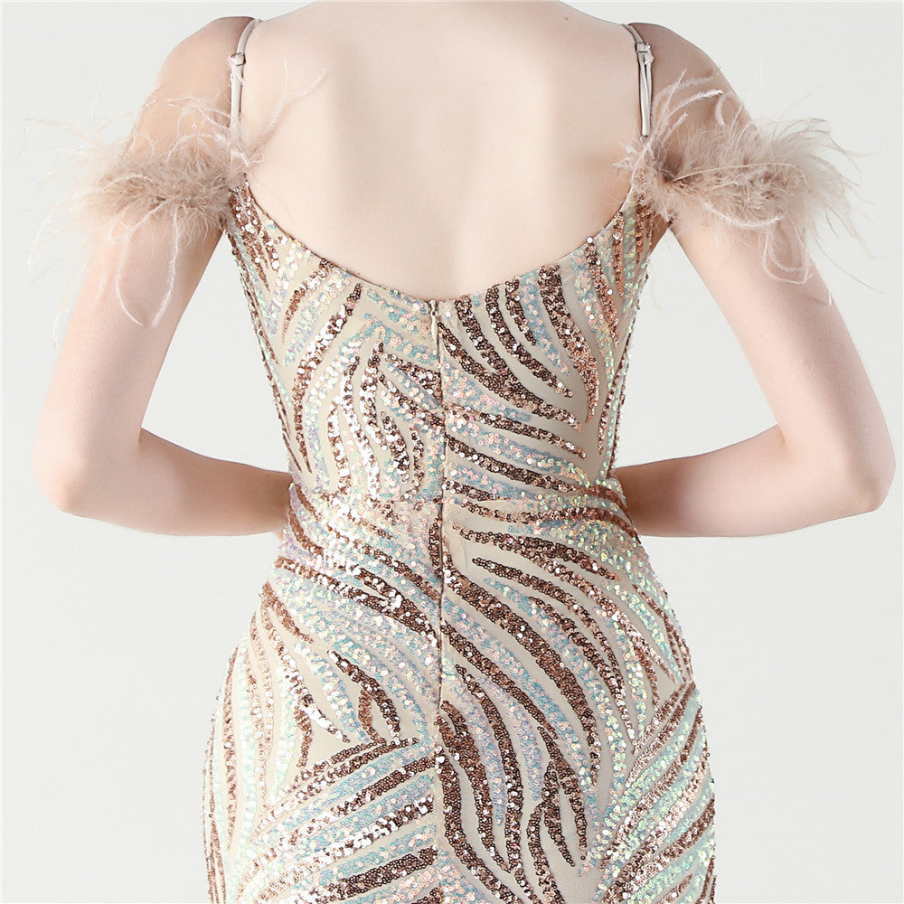 Feathered Sequin Evening Gown with High Slit