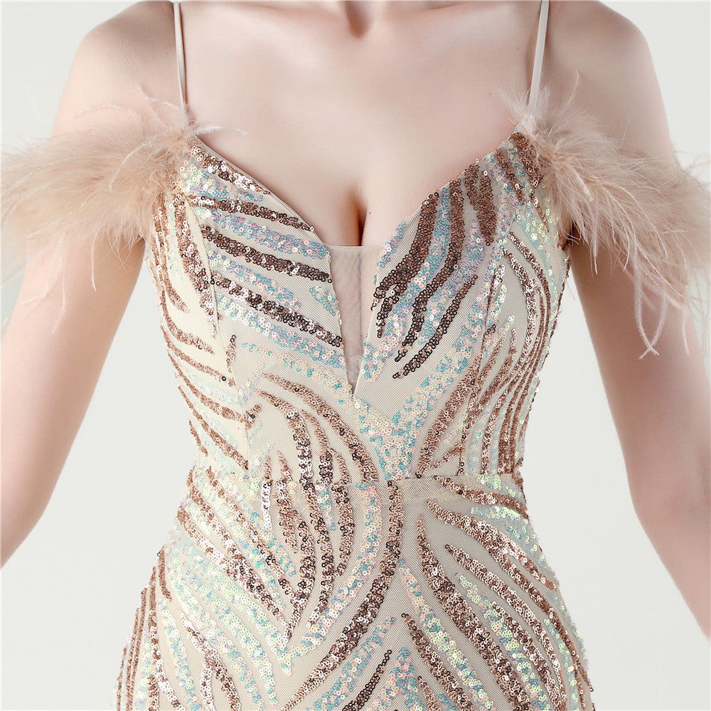 Feathered Sequin Evening Gown with High Slit