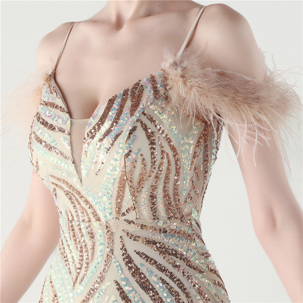 Feathered Sequin Evening Gown with High Slit
