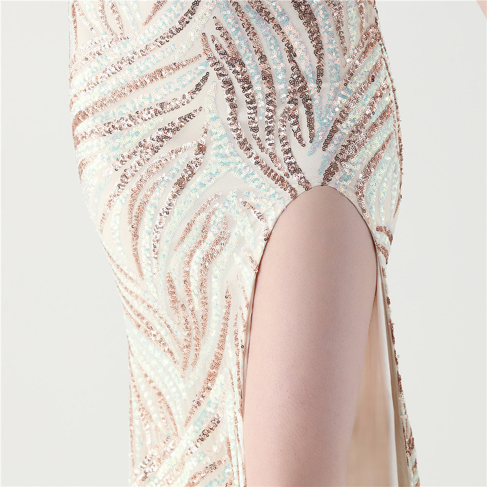 Feathered Sequin Evening Gown with High Slit