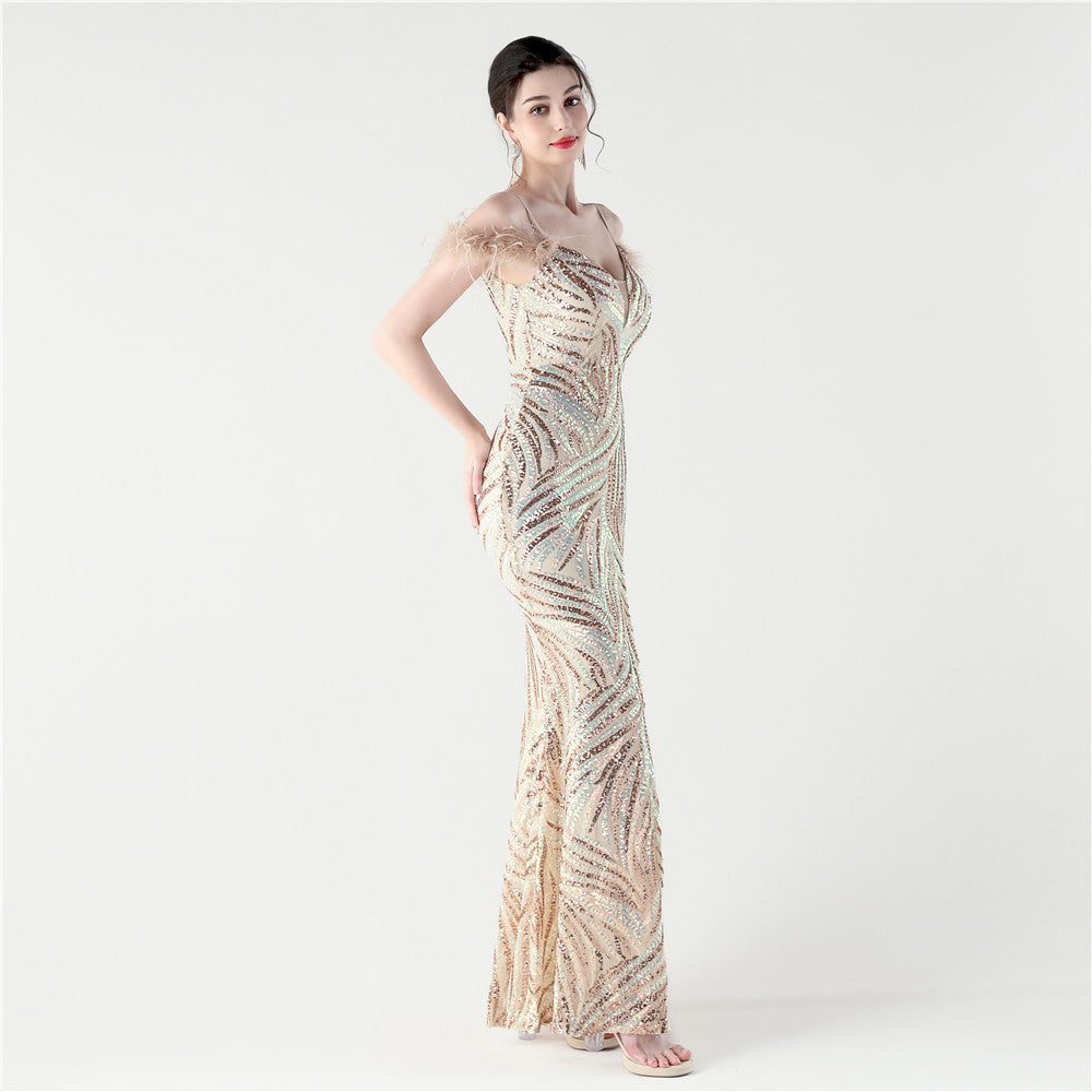 Feathered Sequin Evening Gown with High Slit