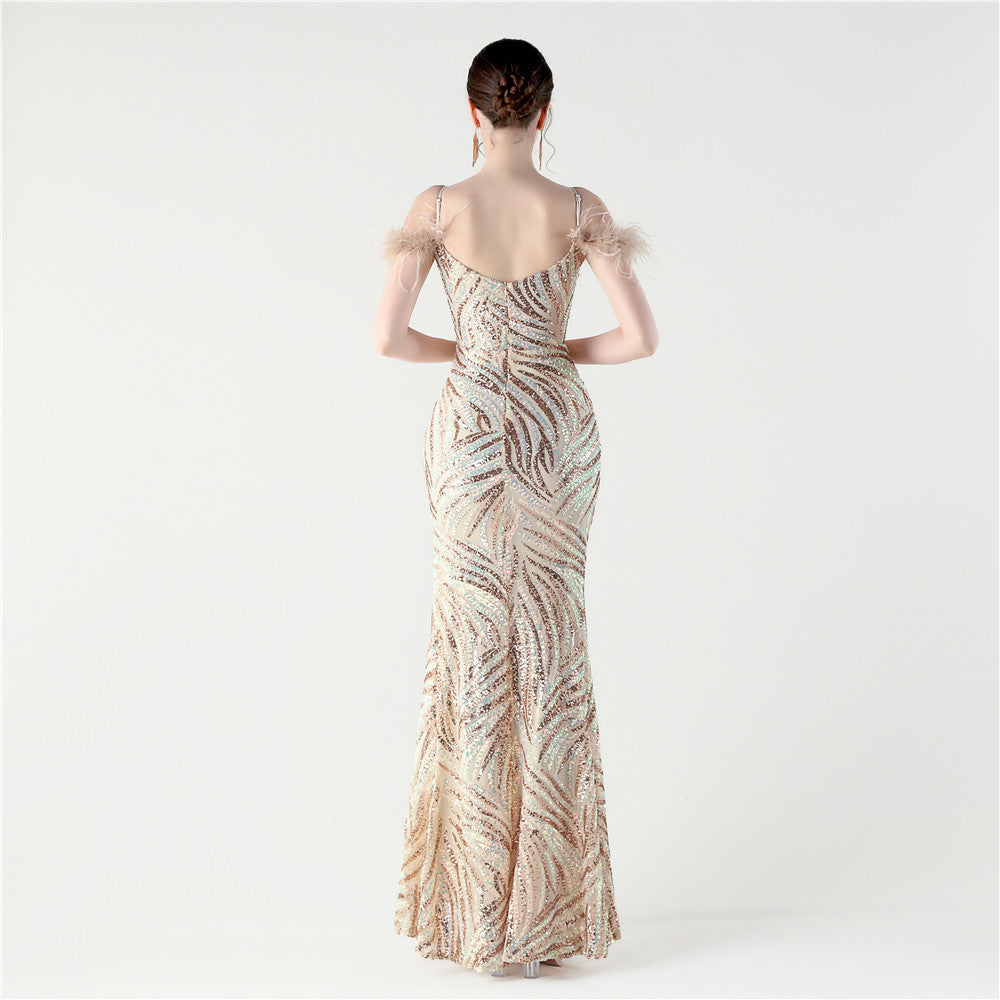 Feathered Sequin Evening Gown with High Slit