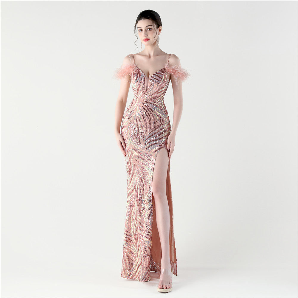 Feathered Sequin Evening Gown with High Slit