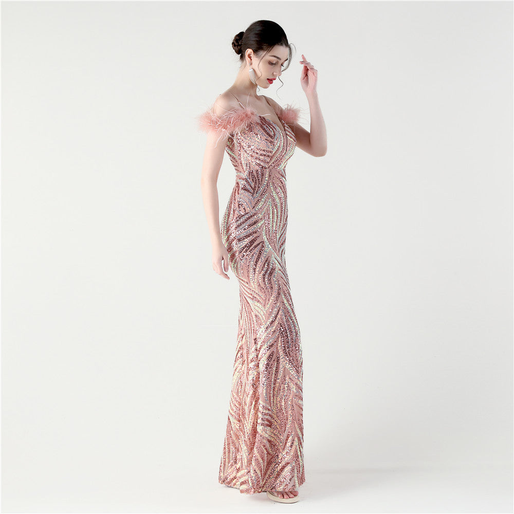 Feathered Sequin Evening Gown with High Slit