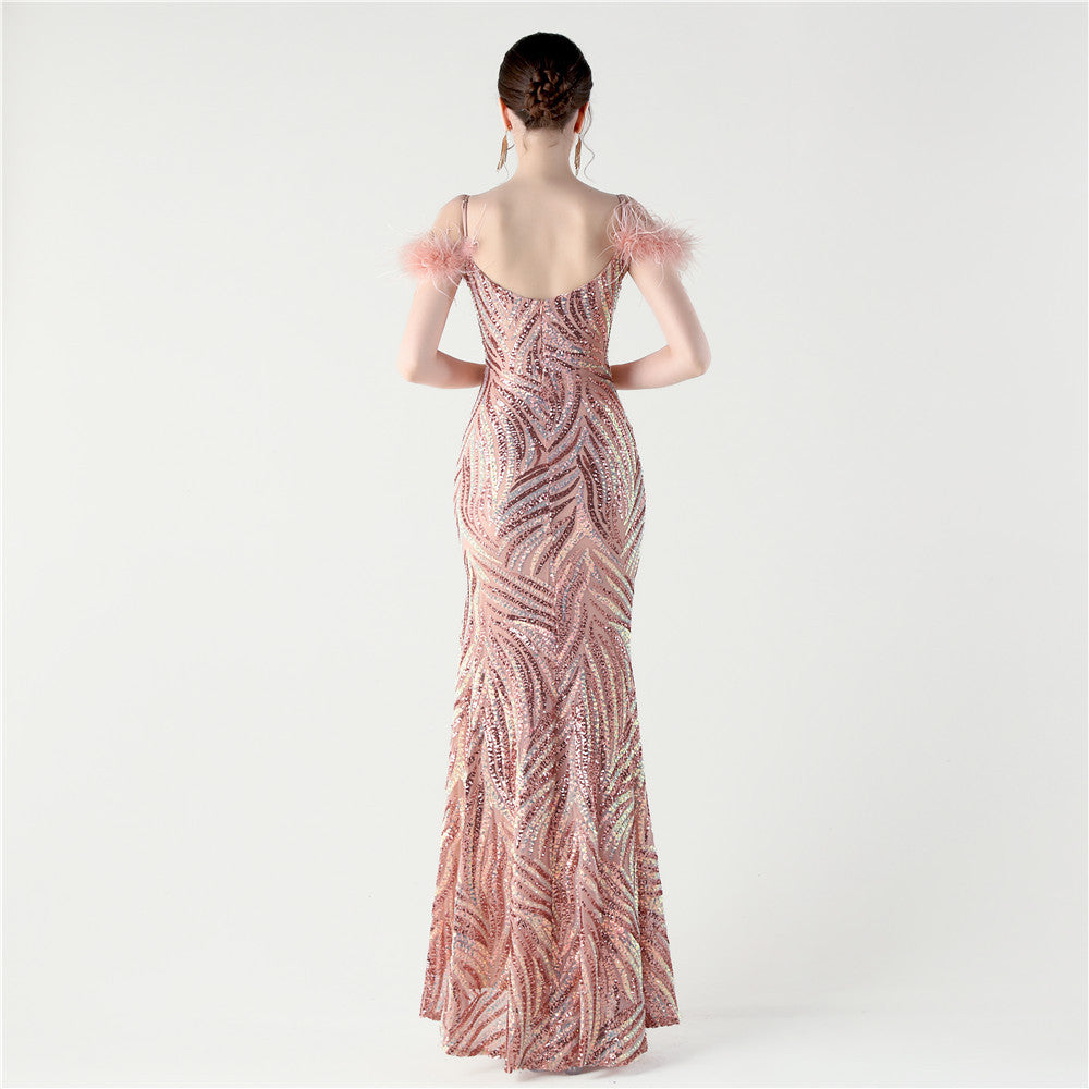 Feathered Sequin Evening Gown with High Slit