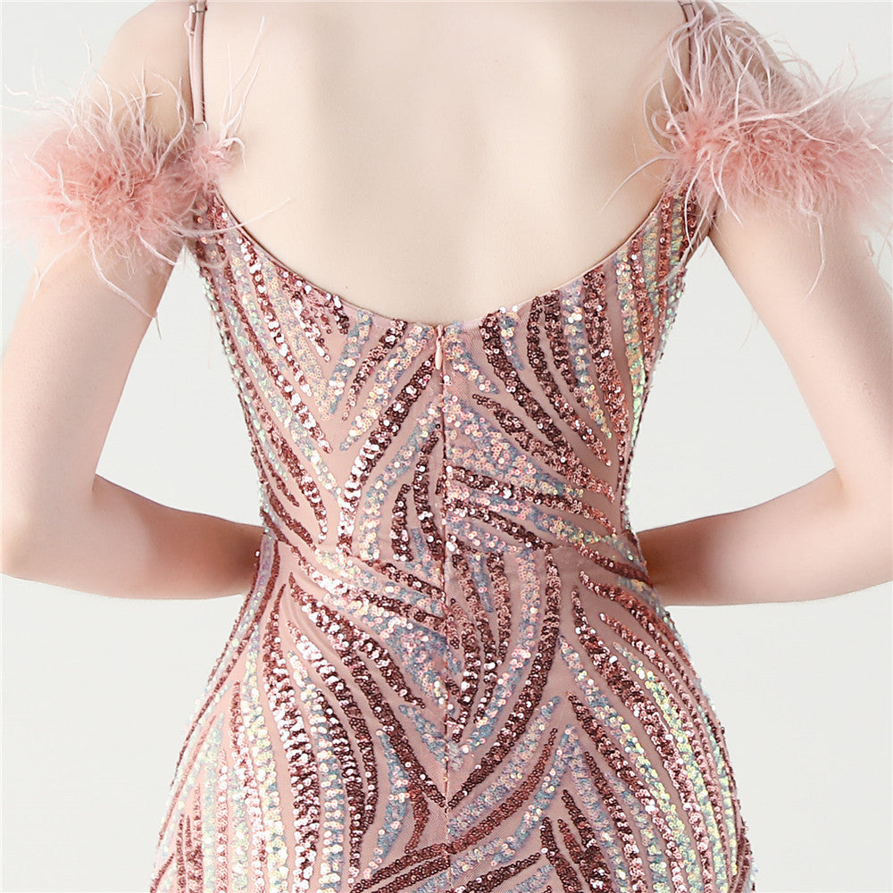 Feathered Sequin Evening Gown with High Slit