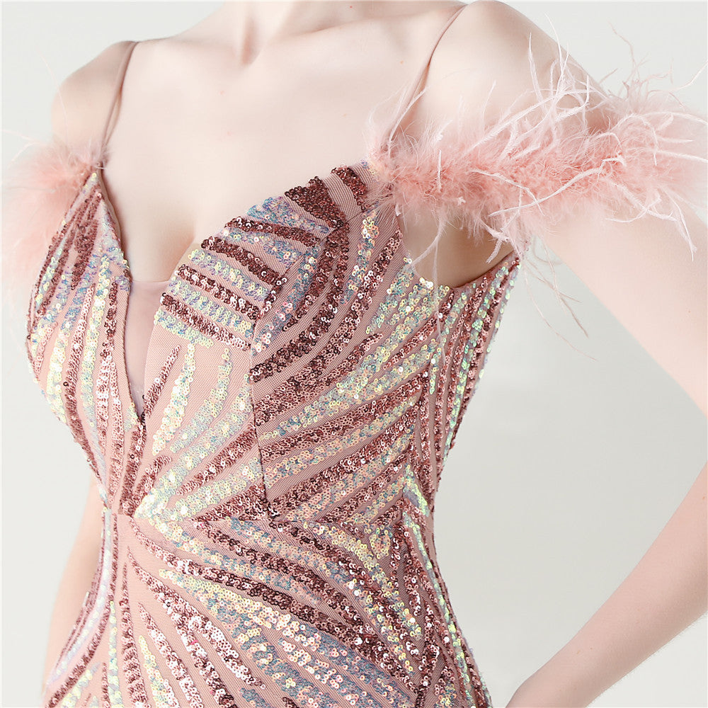Feathered Sequin Evening Gown with High Slit
