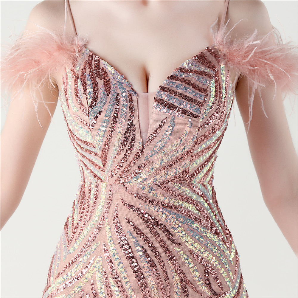 Feathered Sequin Evening Gown with High Slit