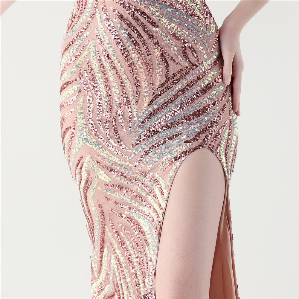 Feathered Sequin Evening Gown with High Slit