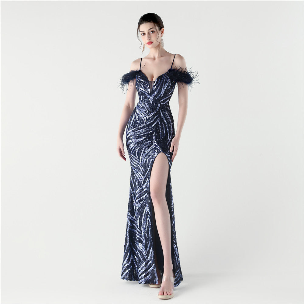 Feathered Sequin Evening Gown with High Slit