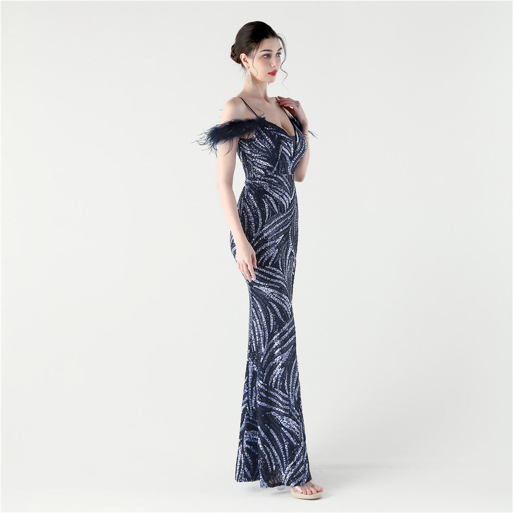 Feathered Sequin Evening Gown with High Slit