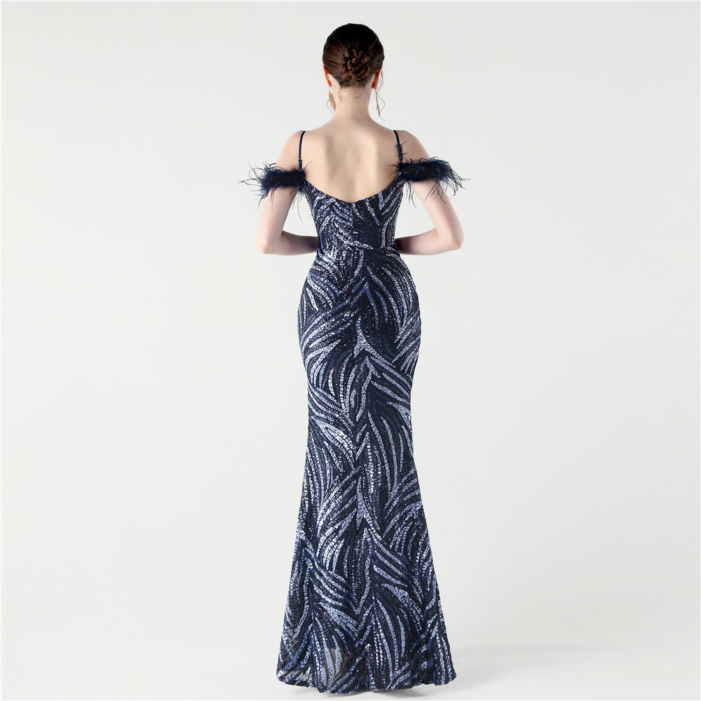 Feathered Sequin Evening Gown with High Slit