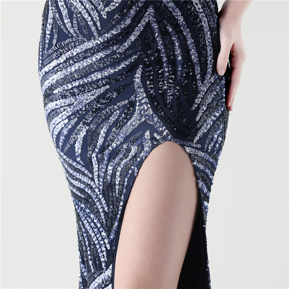 Feathered Sequin Evening Gown with High Slit