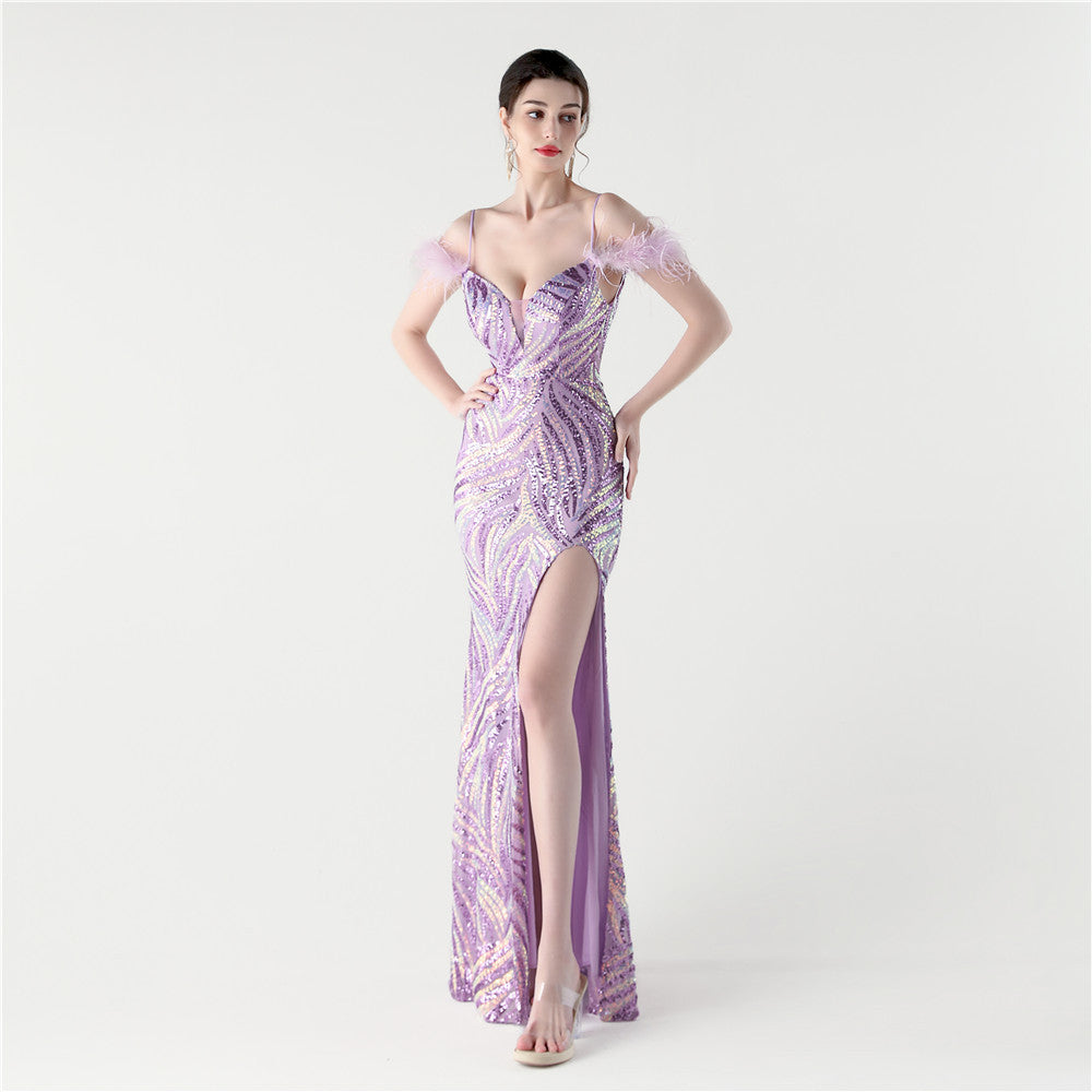Feathered Sequin Evening Gown with High Slit