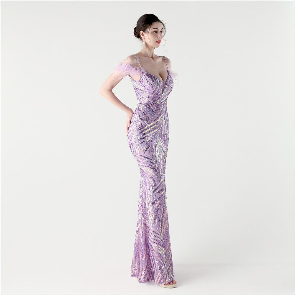 Feathered Sequin Evening Gown with High Slit
