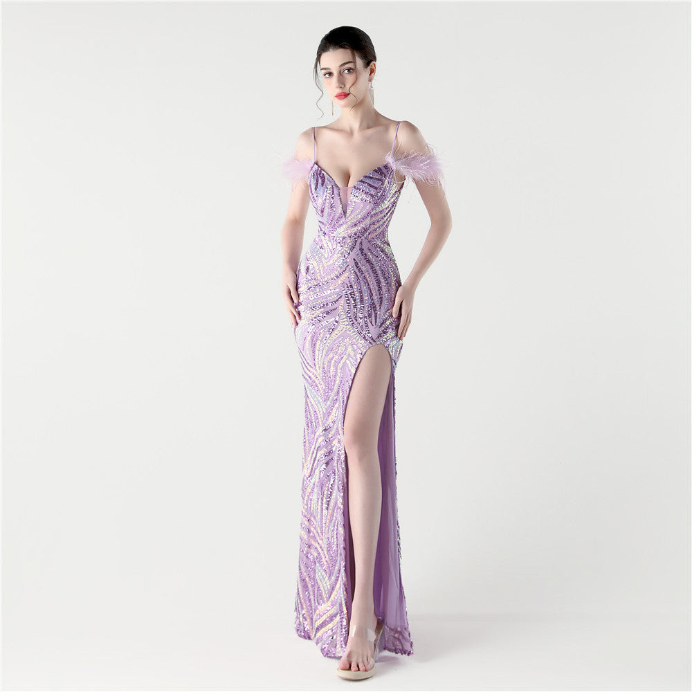Feathered Sequin Evening Gown with High Slit
