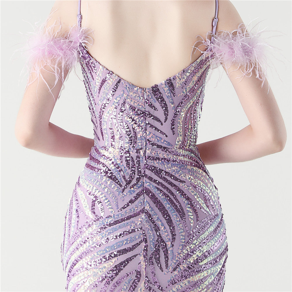 Feathered Sequin Evening Gown with High Slit