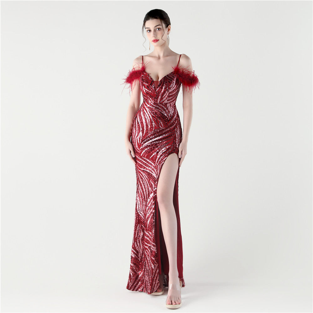Feathered Sequin Evening Gown with High Slit
