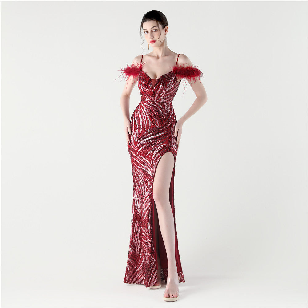 Feathered Sequin Evening Gown with High Slit