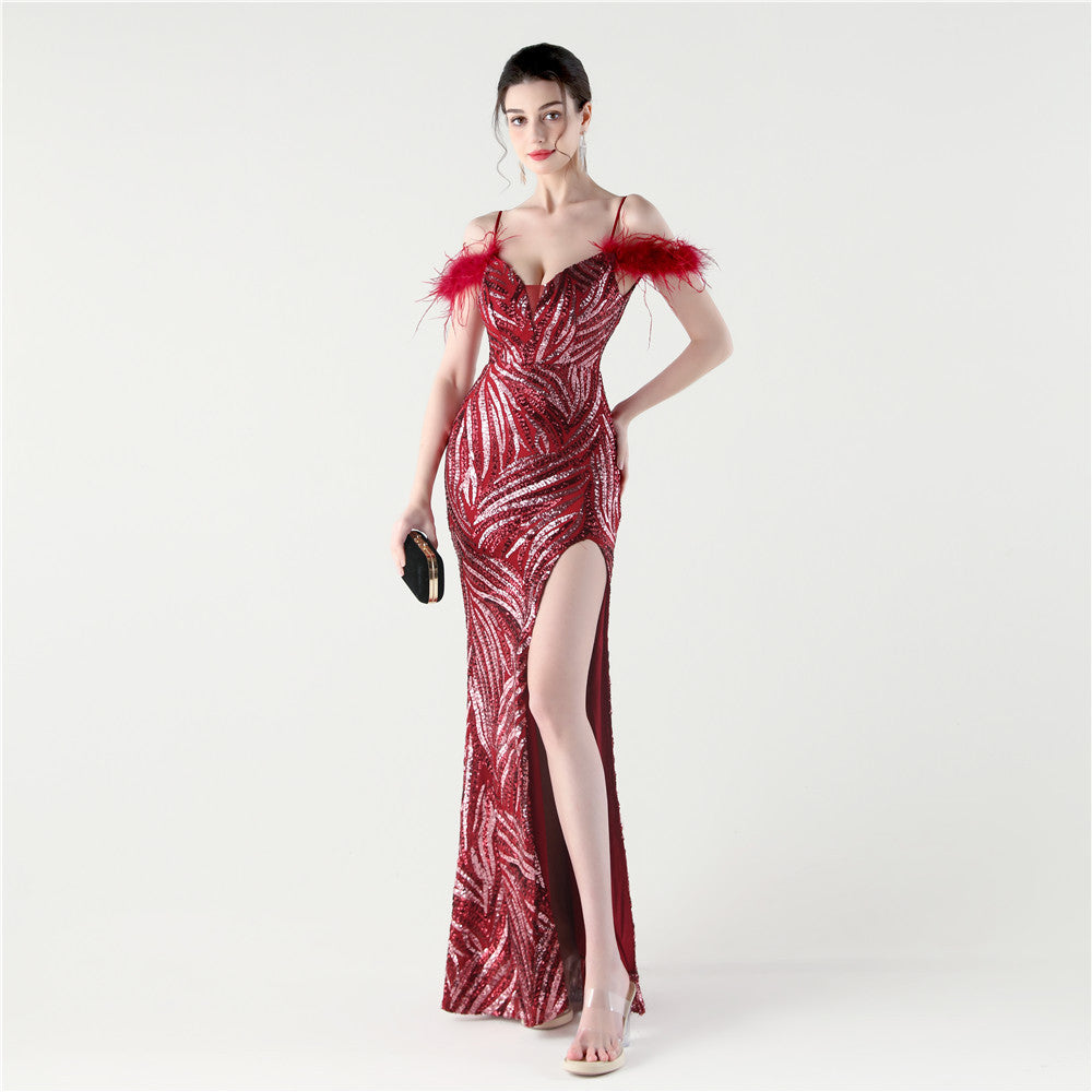 Feathered Sequin Evening Gown with High Slit