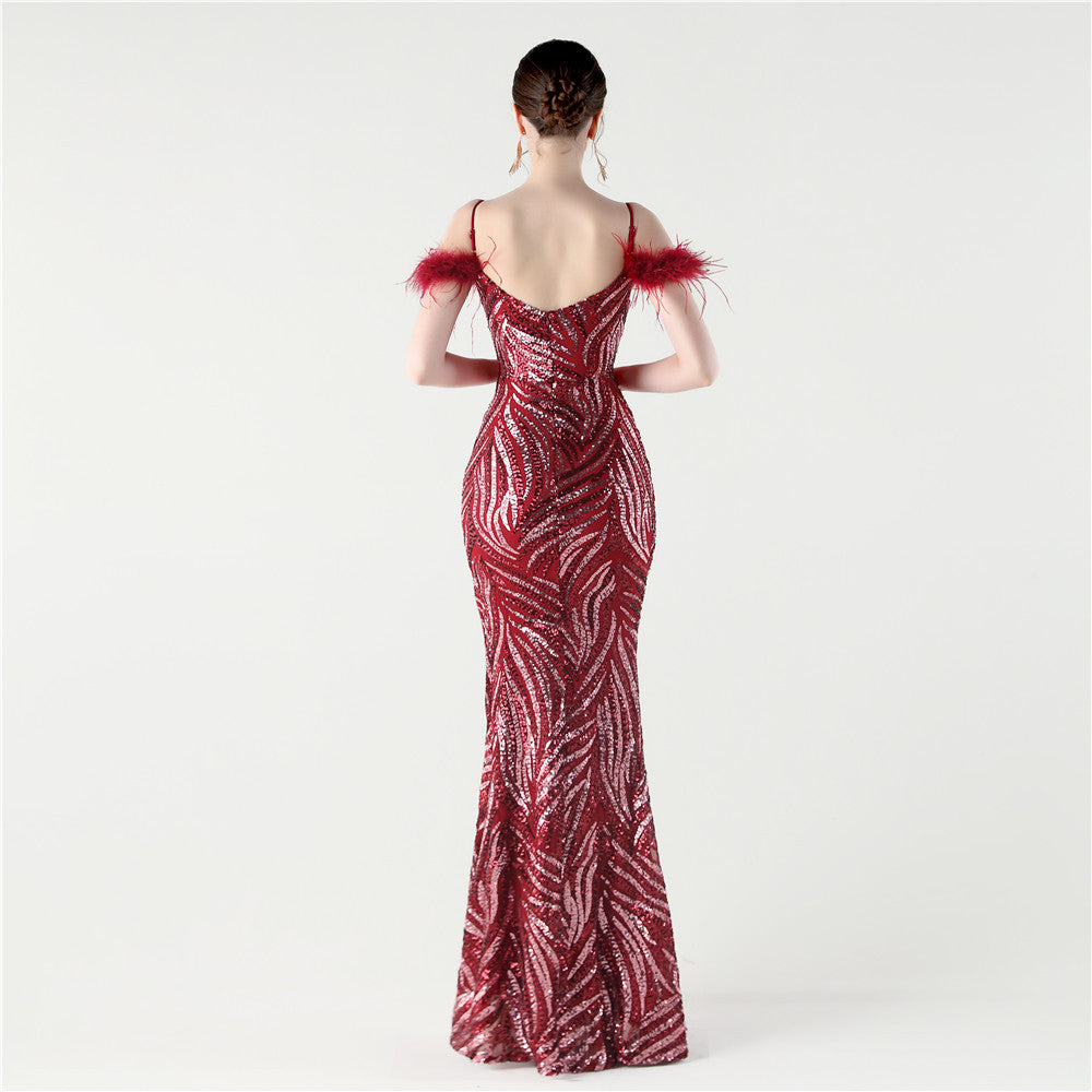 Feathered Sequin Evening Gown with High Slit