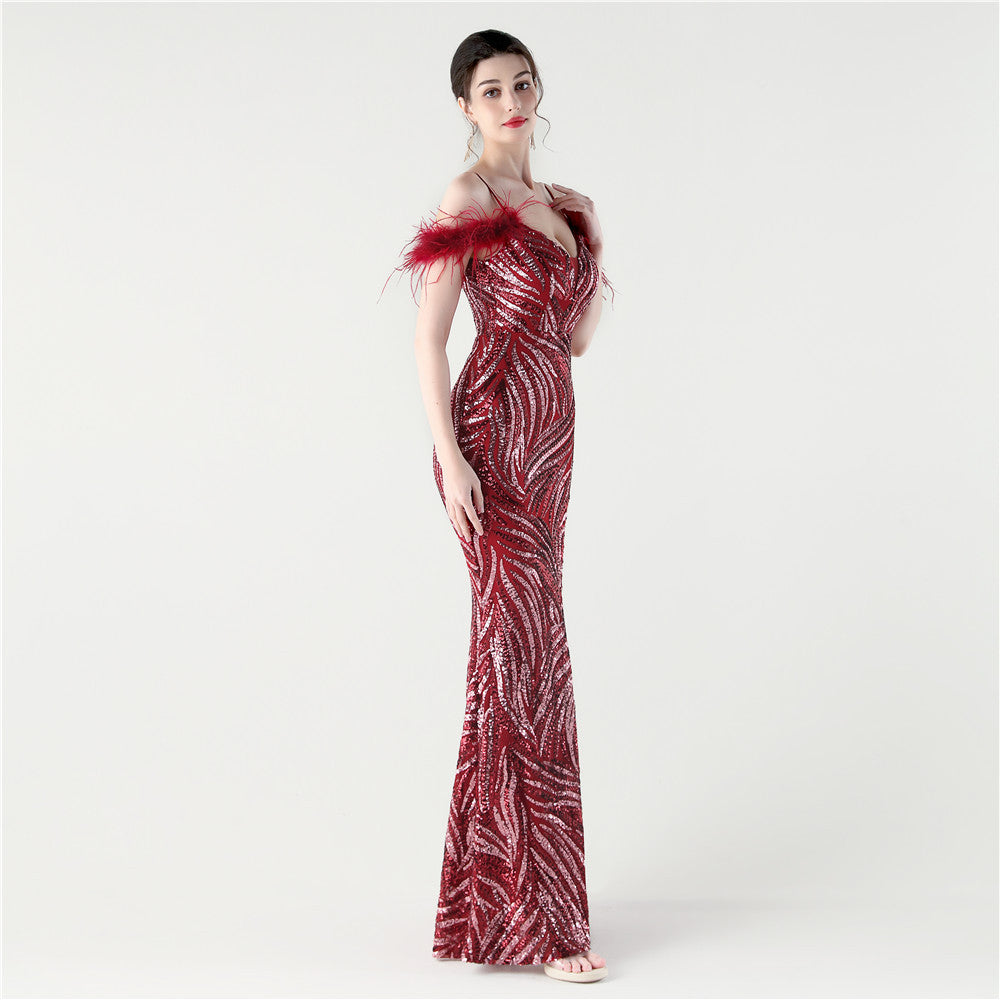 Feathered Sequin Evening Gown with High Slit