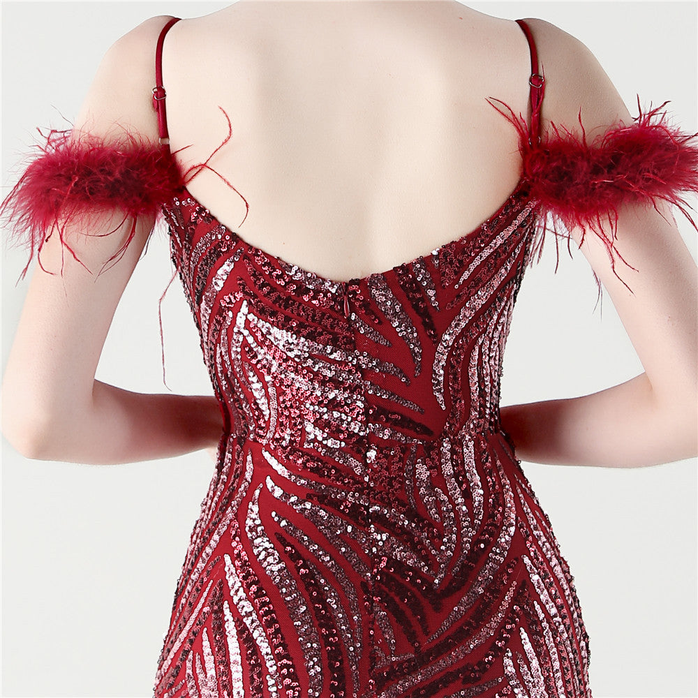 Feathered Sequin Evening Gown with High Slit
