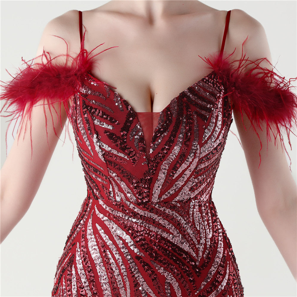 Feathered Sequin Evening Gown with High Slit